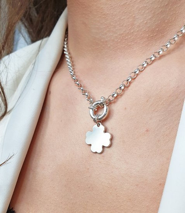 1245/5 naszyjnik srebrny 925 grubszy łańcuszek z koniczynką grawerowany