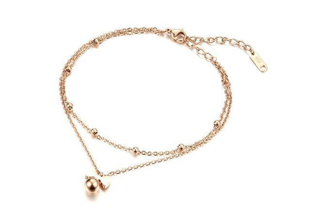 Br 599/978 BRANSOLETKA złota na stopę, podwójny łańcuszek , ze złotymi kuleczkami