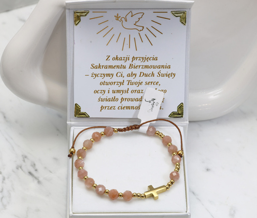 bransoletka różaniec stal złocona na sznureczku kamień słoneczny 1872/1
