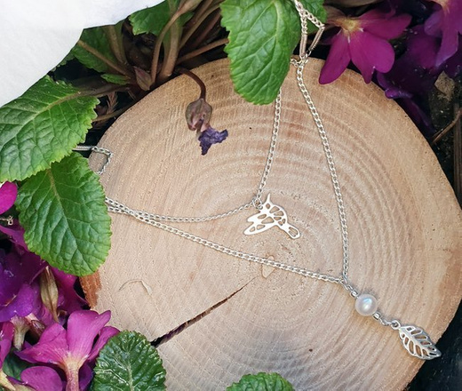 1152 Naszyjnik srebrny 925 podwójny listek koliber perełka naturalna