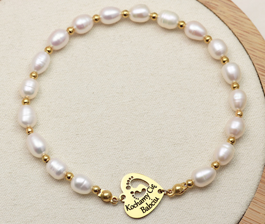 1746/12 Bransoletka z grawerem i perłami naturalnymi dla babci / mamy stal
