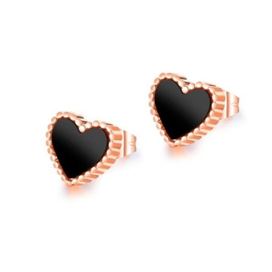 KOL599/818 KOLCZYKI serca stalowe, różowe złoto i czarna masa perłowa