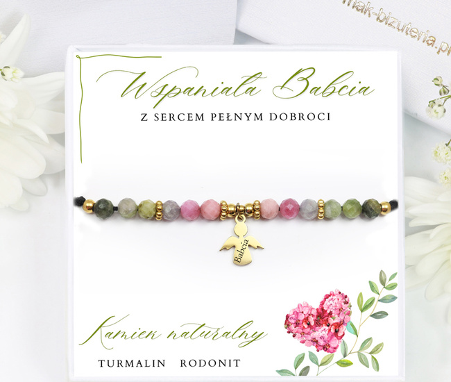 1746/5 tęczowa bransoletka z turmalinem, kamieniami naturalnymi i grawerem dla babci zestaw