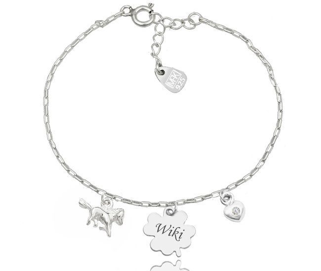 1252 bransoletka grawerowana na łańcuszku konik, koń, serce i koniczynka