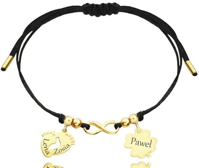 1059  BRANSOLETKA Z GRAWEREM złota sznurek stópki i serduszko