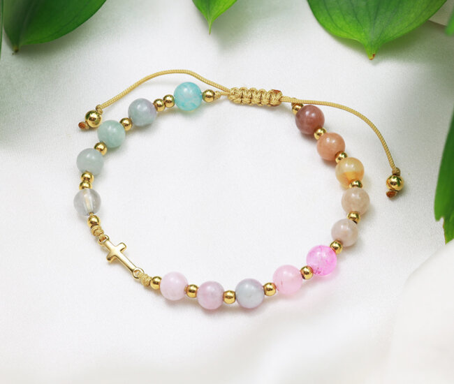 1737/11 bransoletka różaniec złota, kolorowe kamienie naturalne