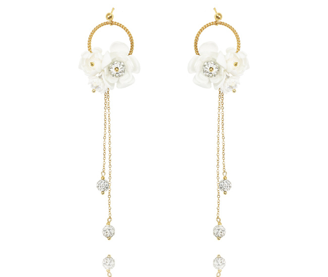 1668 kolczyki ślubne pozłacane kwiatuszki z kuleczkami disco ball i cyrkoniami