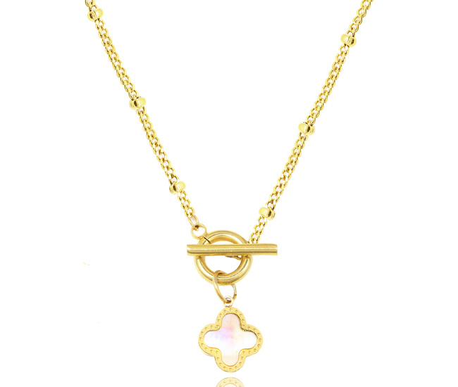 1232/27 naszyjnik złoty stalowy grawerowany z masą perłową koniczynka