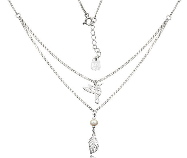 1152 Naszyjnik srebrny 925 podwójny listek koliber perełka naturalna