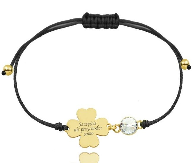 1038 BRANSOLETKA Z GRAWEREM koniczynka złota na sznureczku