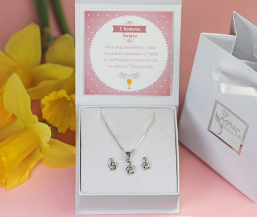 114/ 1 Komplet wykonany z rodowanego srebra 925 klucz wiolinowy z cyrkoniami