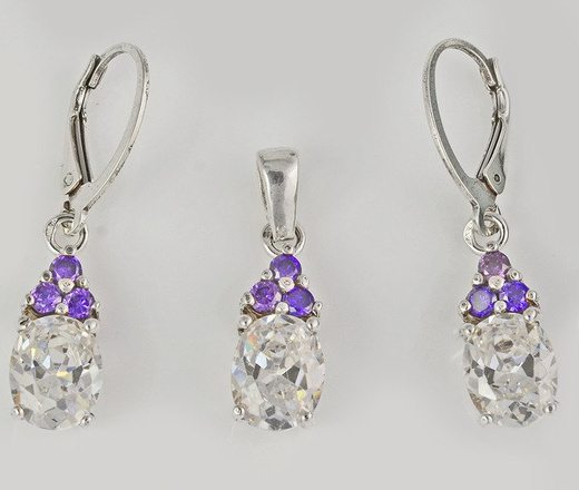 480/214 komplet srebrny z fioletowymi i błyszczącymi cyrkoniami