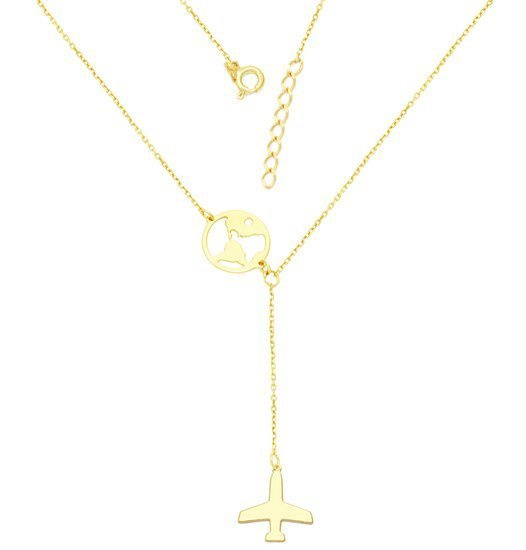 1286 Naszyjnik srebrny 925 pozłacany, kula ziemska globus samolot