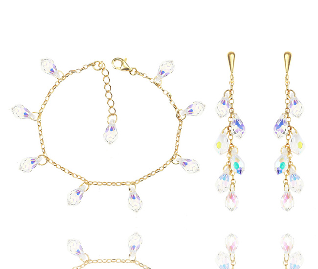 1362 komplet srebrny pozłacany z kryształkami CAB opalizujący