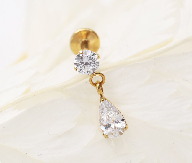 Tytanowy kolczyk do piercingu z podwieszaną kropelką 1776/5, pozłacany