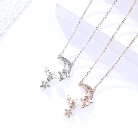 1064/9 Naszyjnik srebro rodowane księżyc gwiazdka perełki