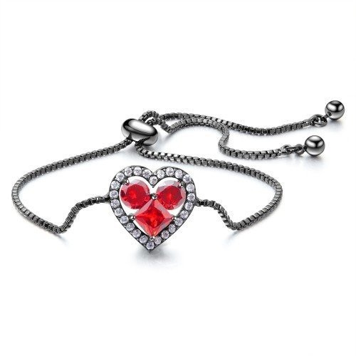BR599/892  czarny rod  CYRKONIE BRANSOLETKA serce czerwone cyrkonie