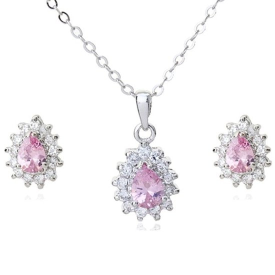 KPL 599/569 komplet kolczyki i wisiorek z różowymi łezkami plus łańcuszek, srebrny