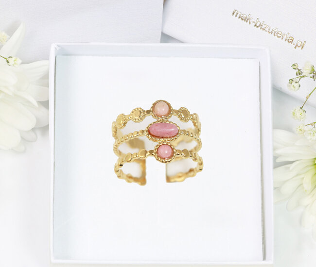 1726/2 potrójny złocony pierścionek z rodonitem regulowany