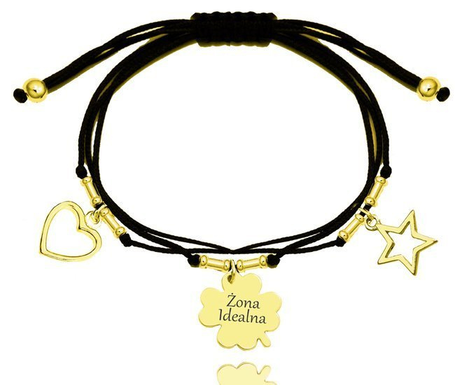 1256 bransoletka grawerowana srebrna 925 pozłacana na sznurku serce gwiazdka koniczynka