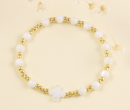 1571/19 bransoletka różaniec złota z krzyżem i koralikami z masy perłowej