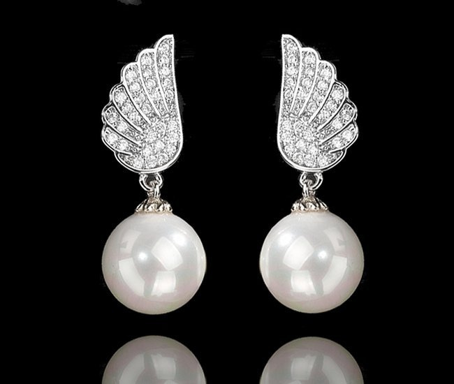 Kol 599/971 kolczyki ślubne platynowane skrzydła anioła perełki