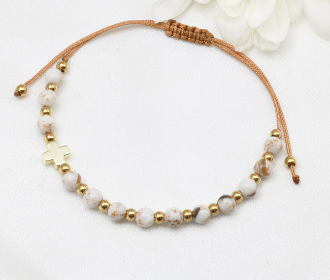 bransoletka różaniec kremowy stal złocona 1877/18