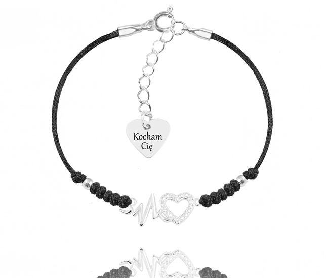 1566 bransoletka z grawerem srebrna sznurek serce linia życia EKG