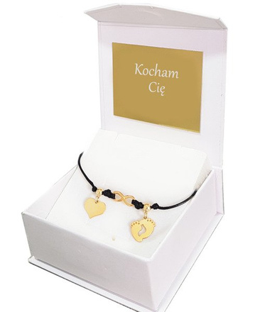 1028 BRANSOLETKA Z GRAWEREM złota na sznureczku infinity serce stópki