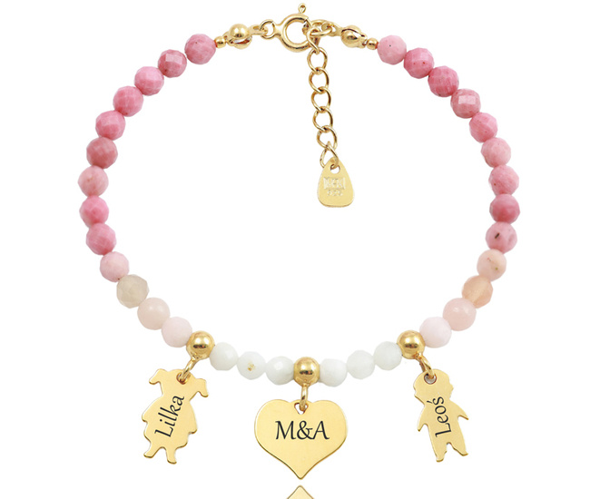 1734/1 różowa bransoletka srebrna 925 pozłacana z grawerem i kamieniami naturalnymi