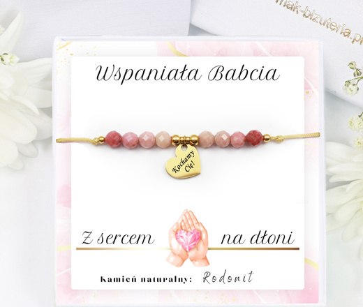 1746/1 różowa bransoletka z kamieniami naturalnymi i grawerem dla babci zestaw