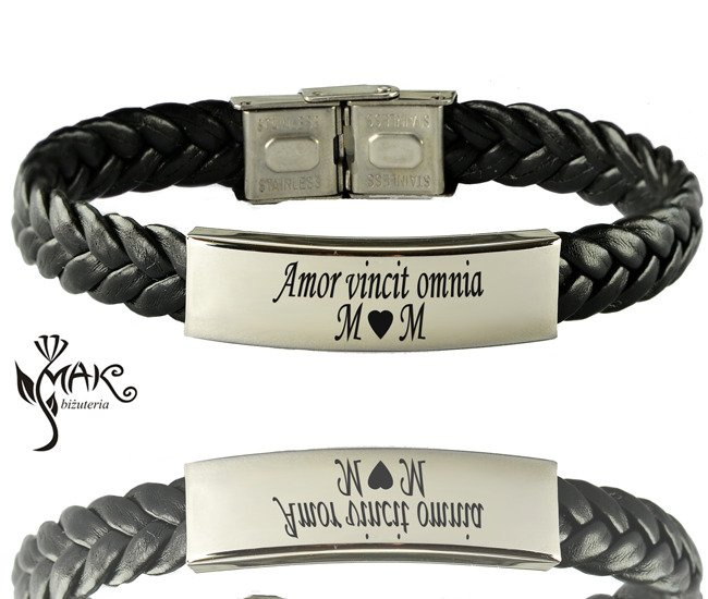 BR735 BRANSOLETKA Z GRAWEREM męska skóra czarna