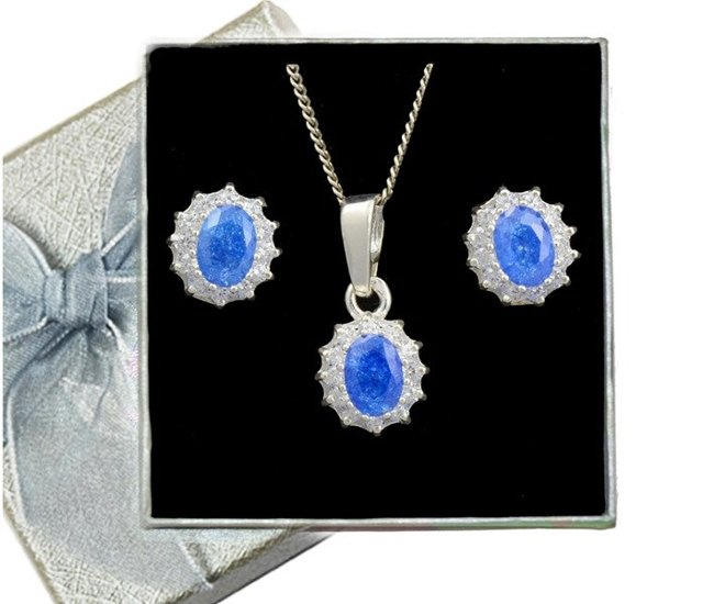 480/90  komplet srebrny owale z niebieskimi cyrkoniami