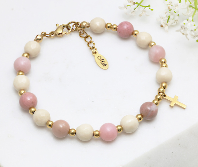 Bransoletka różaniec kremowo-różowy 1805/2