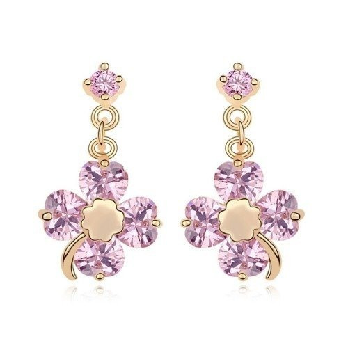 Kol  599/70 kolczyki kryształy złocone wiszące kwiatuszki jasno różowe
