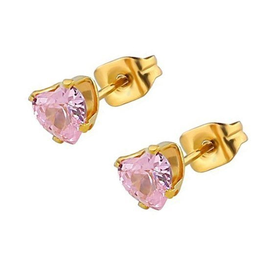 599/1023 Kolczyki serduszka złote 3 mm, różowe cyrkonie stal szlachetna pozłacana