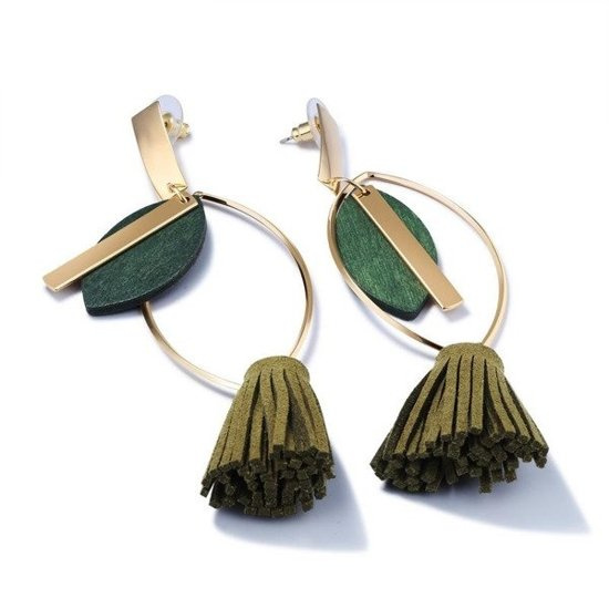 Kol 599/757 KOLCZYKI khaki, wiszące z frędzlami, drewniany element