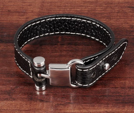BR599/407 Bransoletka z grawerem męska, czarna białe szwy SKÓRA