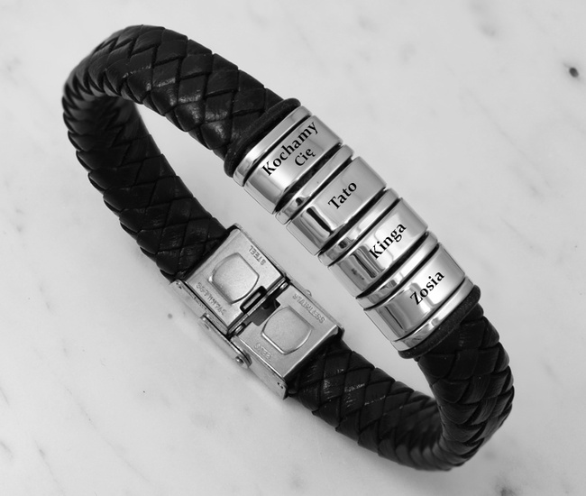 Bransoletka męska z grawerem skóra 1858/1 cztery przekładki