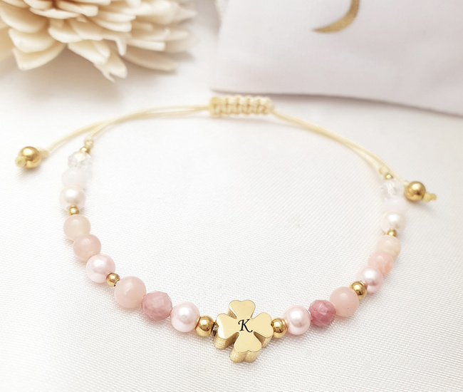 1780 różowa bransoletka pozłacana z grawerem i kamieniami naturalnymi Premium