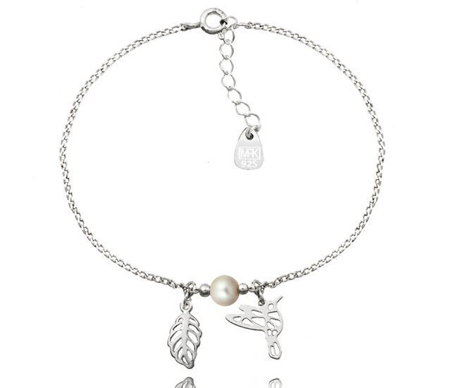 1152 bransoletka srebrna 925 koliberek listek i perła naturalna