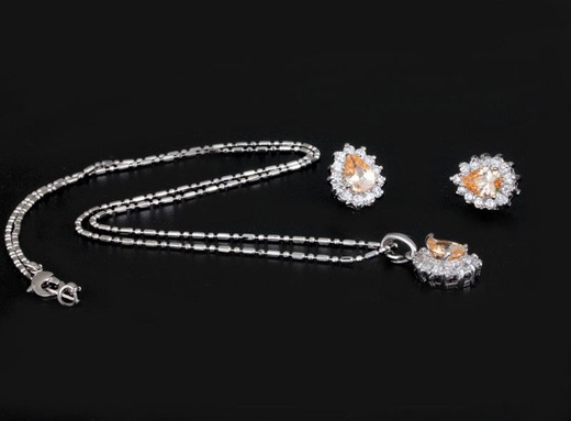KPL 599/578 komplet kolczyki i wisiorek z szampańskimi łezkami plus łańcuszek, srebrny