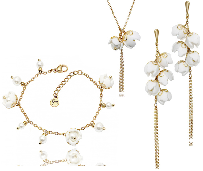 Komplet ślubnej biżuterii z perełkami i kwiatami – naszyjnik, kolczyki, bransoletka 1816/8
