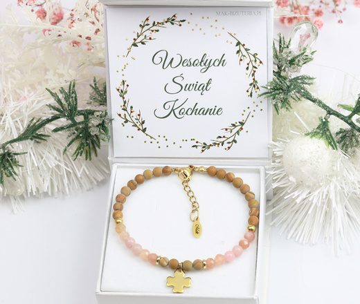 1734/8 różowo-beżowa bransoletka pozłacana z grawerem i kamieniami naturalnymi Premium