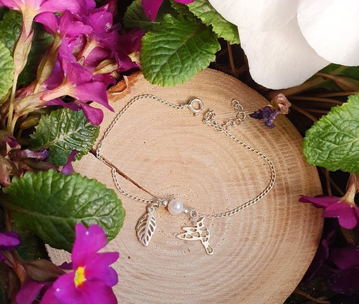 1152 bransoletka srebrna 925 koliberek listek i perła naturalna