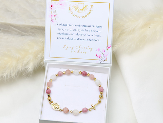 Bransoletka srebrna 925 pozłacana różaniec z pastelowy róż 1808/4