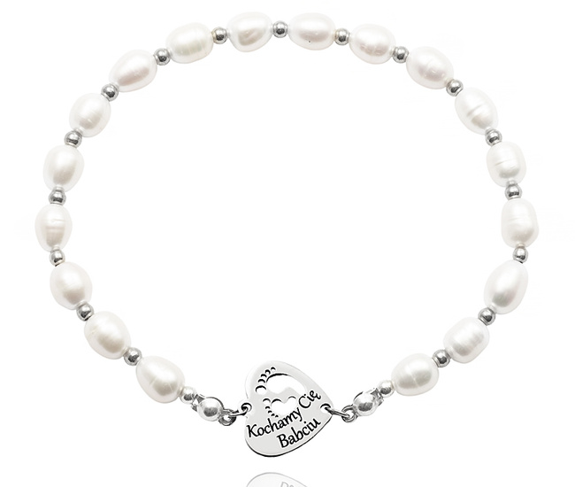 1746/12 Bransoletka z grawerem i perłami naturalnymi dla babci / mamy stal