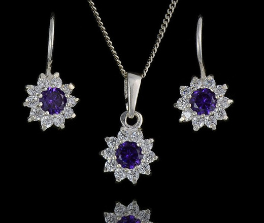 480/121 komplet srebrny kwiatuszki z błyszczącymi fioletowymi cyrkoniami