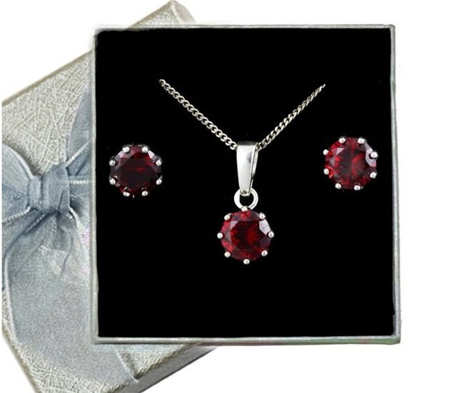 480/83  komplet srebrny okrągłe z bordowymi cyrkoniami