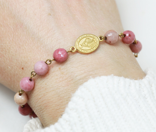 pozłacana bransoletka różaniec beżowo-różowy rodonit 1808/3